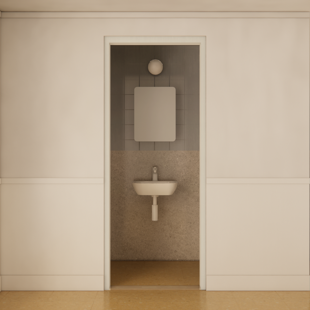 Minimalist restroom with a small wall-mounted sink, a mirror, and a light fixture above the mirror, with plain white walls and beige flooring.