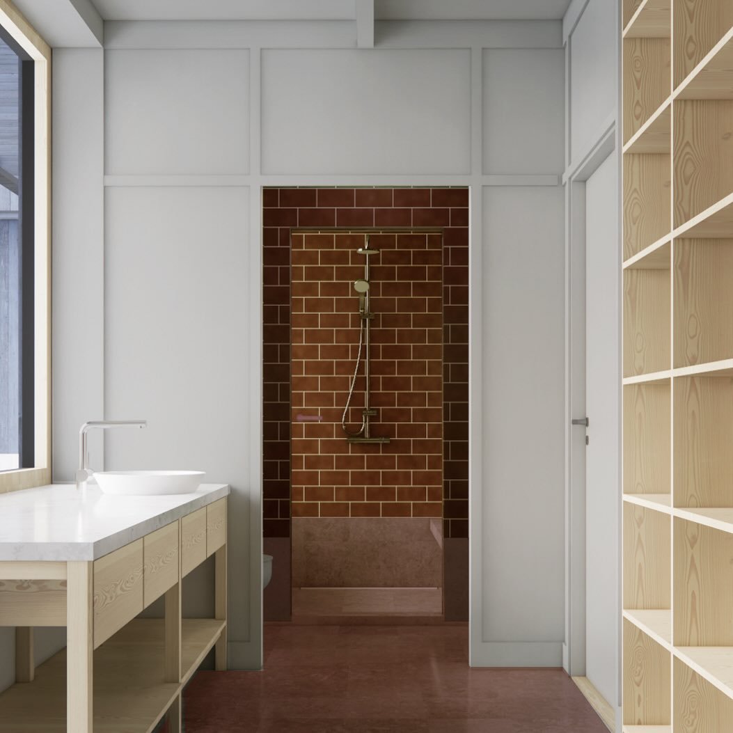 View of a modern bathroom with a white vanity, a vessel sink, a large window, laundry shelves, and a walk-in shower with red brick tiles and brass fixtures.