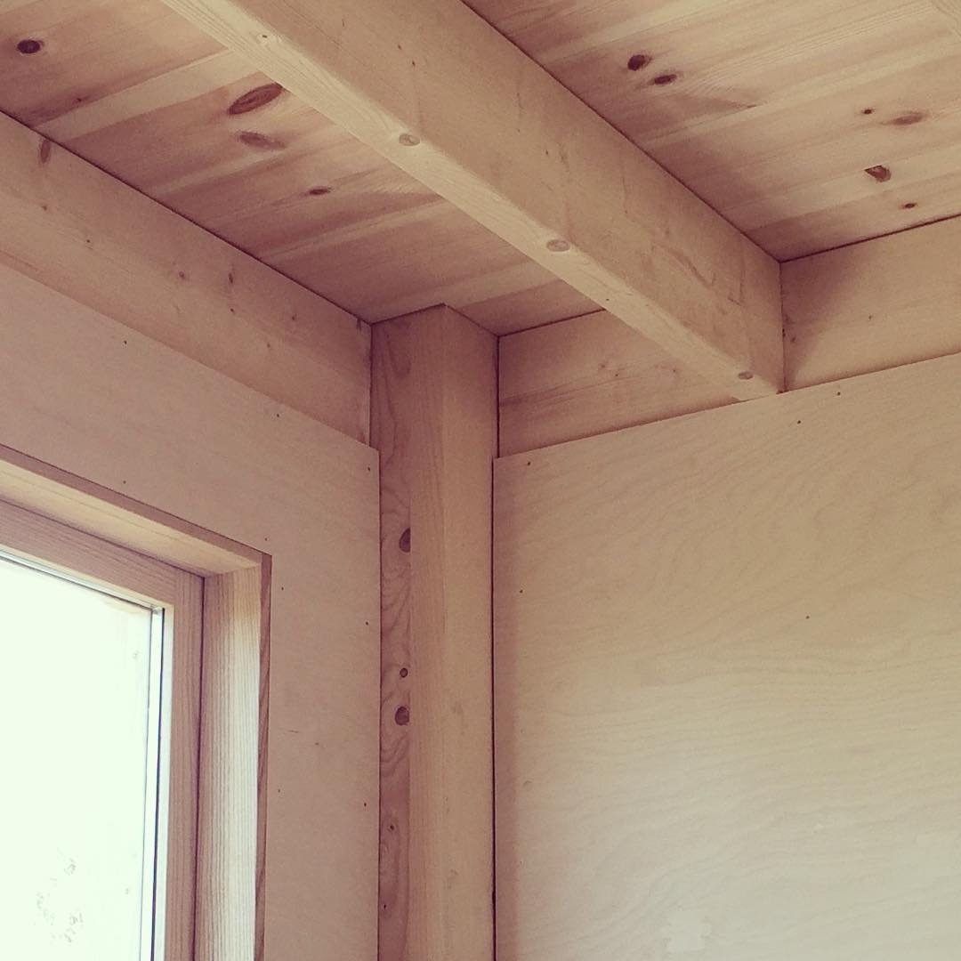 Close-up of wooden interior corner with light-colored wood panels, window frame, and visible grain patterns.