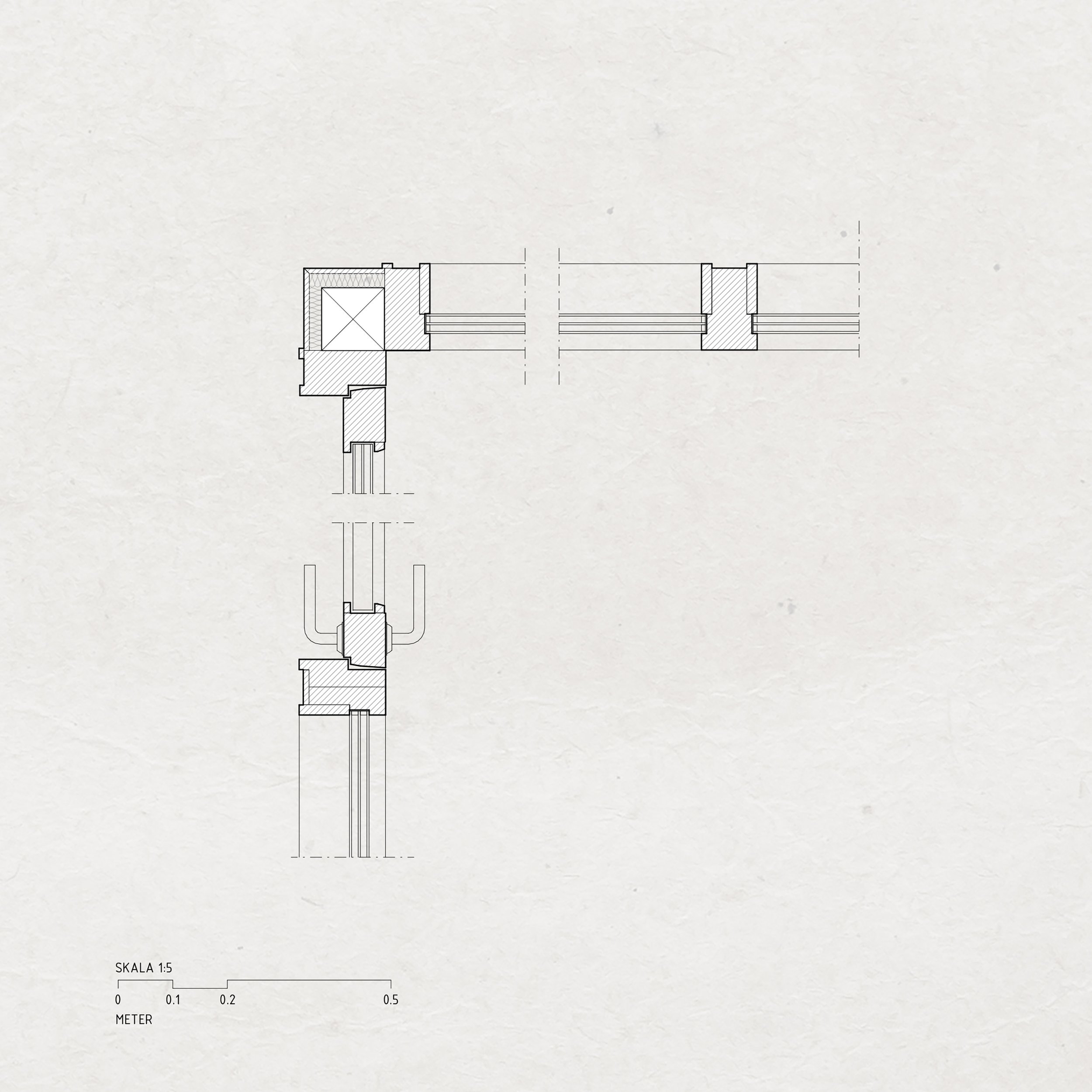 Architectural technical drawing of a mechanical component with detailed sections and measurements, including a scale of 0 to 0.5 meters.