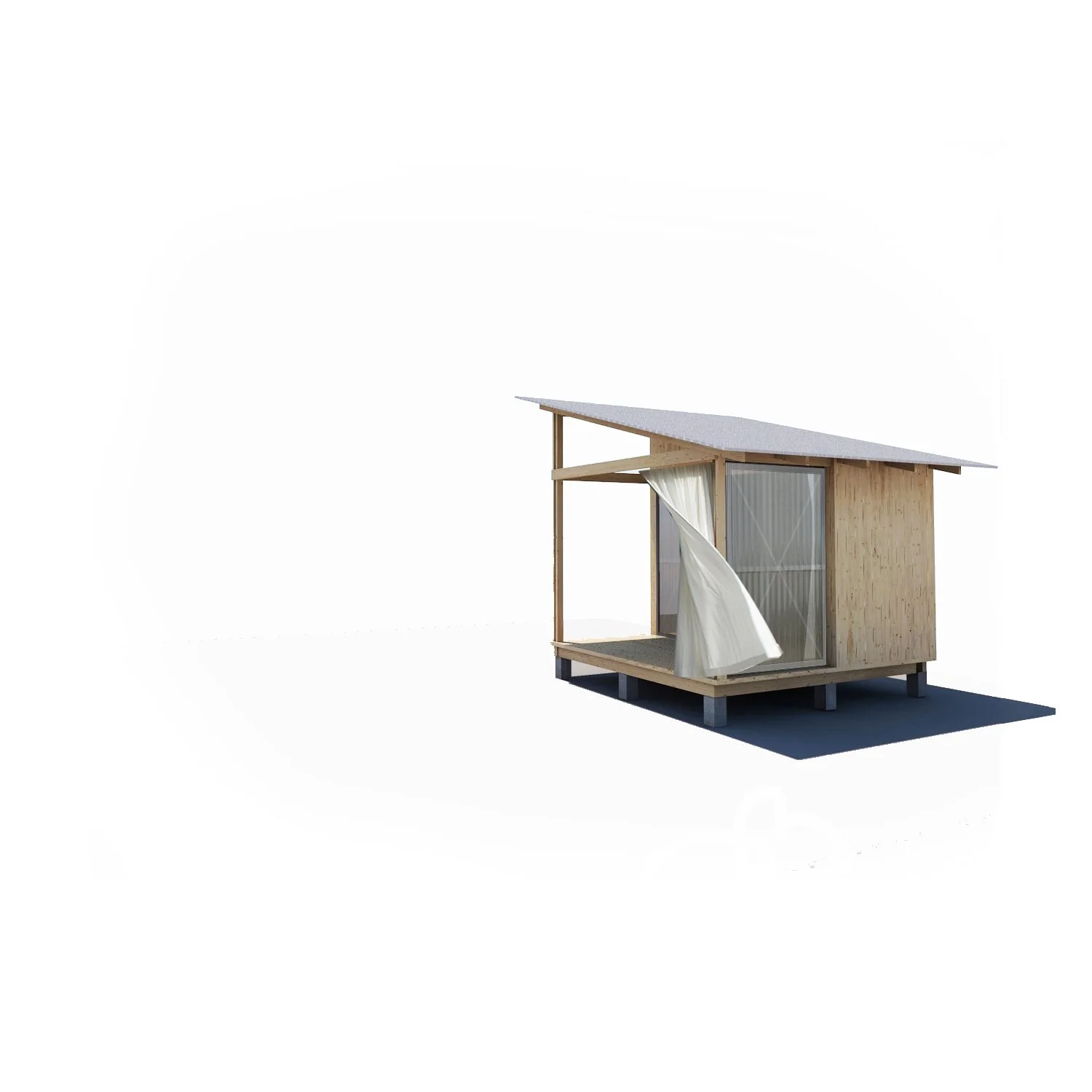 Small wooden house with a sloped roof, large glass sliding door, and a curtain blowing in the wind, set on a black platform base.