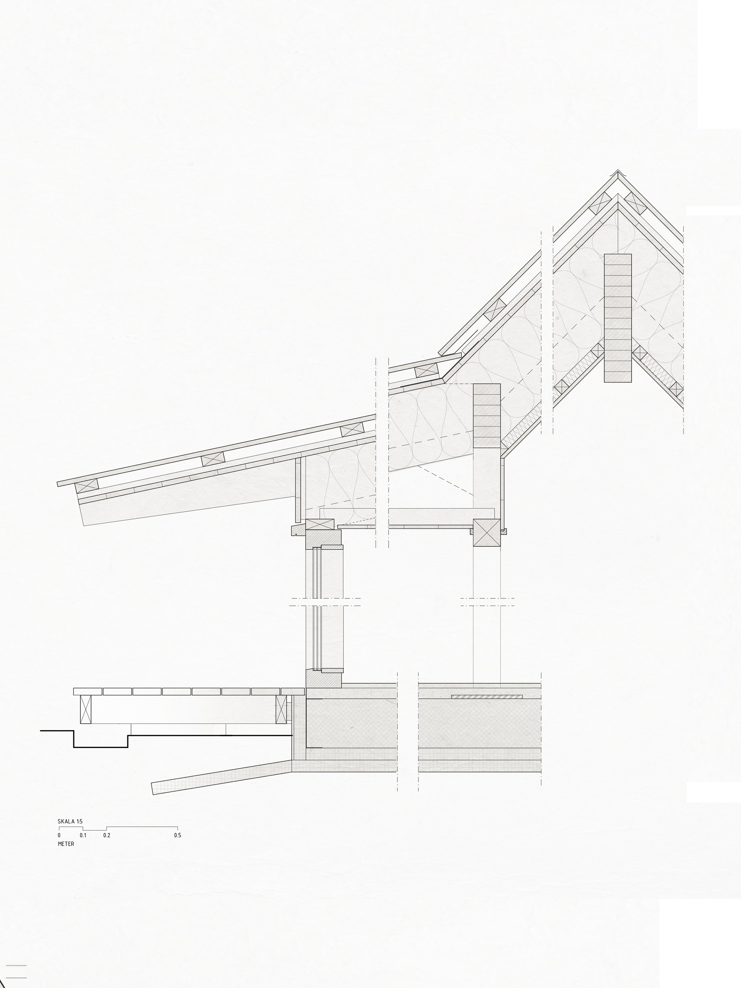 Architectural blueprint of a building cross-section showing roof structure, walls, and foundation details.