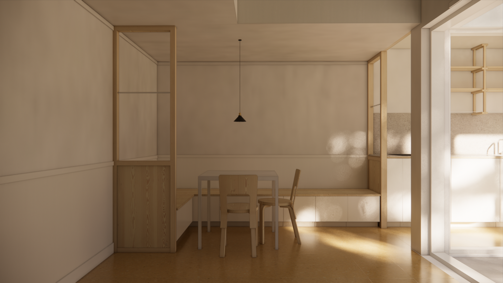 Minimalist dining area with a small wooden table, two wooden chairs, and built-in wooden shelving units. Sunlight streams through a glass sliding door on the right side.
