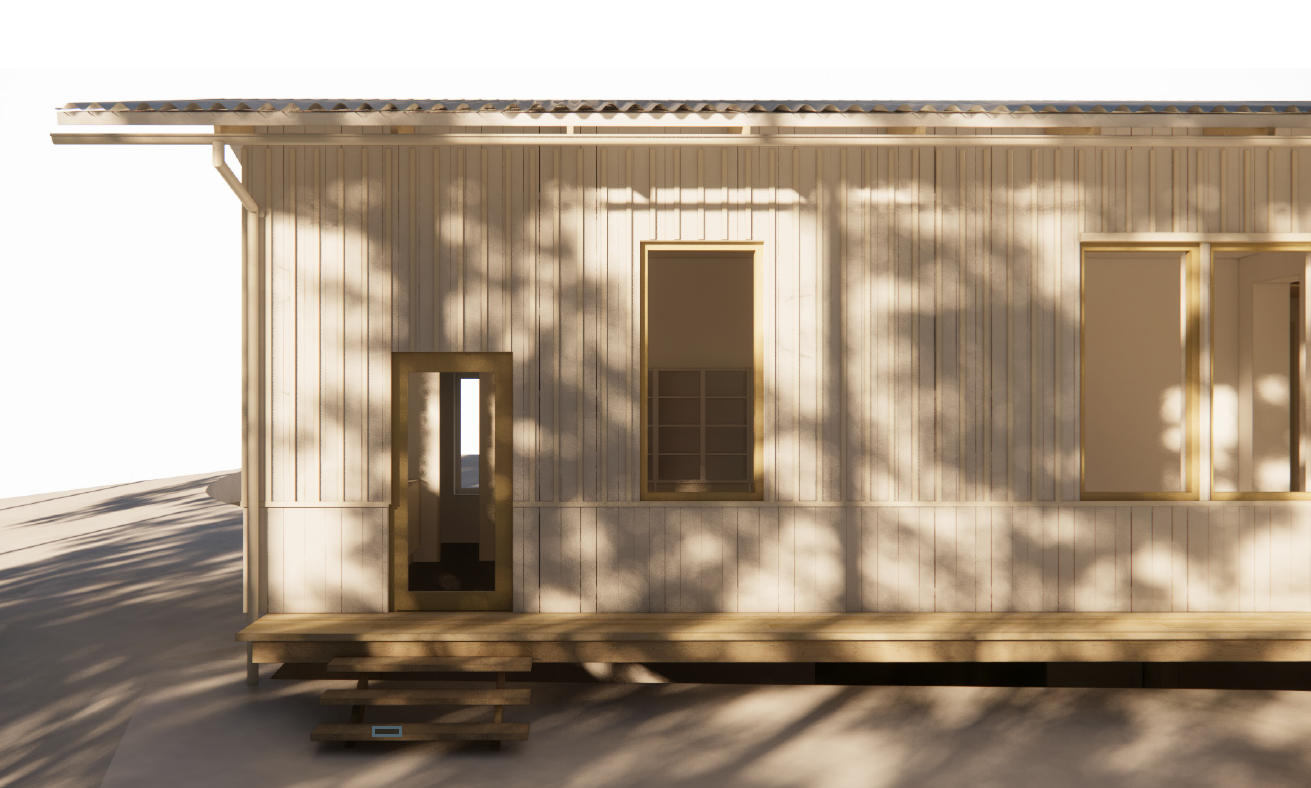 Rendering of a small wooden house with three windows and a door, surrounded by shadows of trees, on a slight incline with steps leading up to the porch.