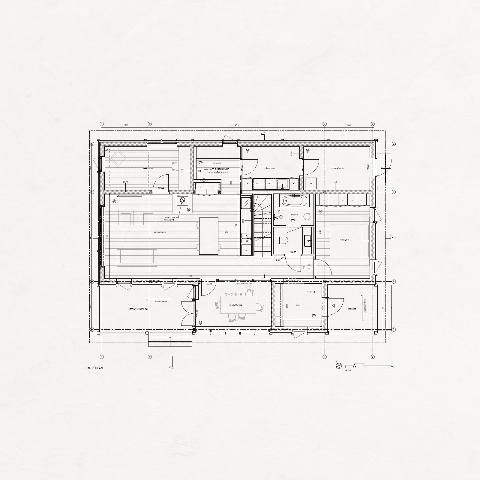 Architectural floor plan drawing of a house showing rooms, doors, windows, and measurements.