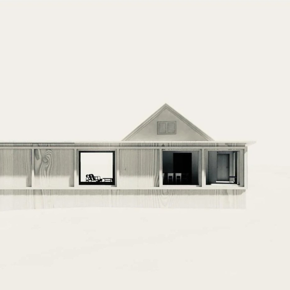 A minimalist architectural drawing of a modern house with a flat roof, featuring large windows and a small set of stairs on the right side.