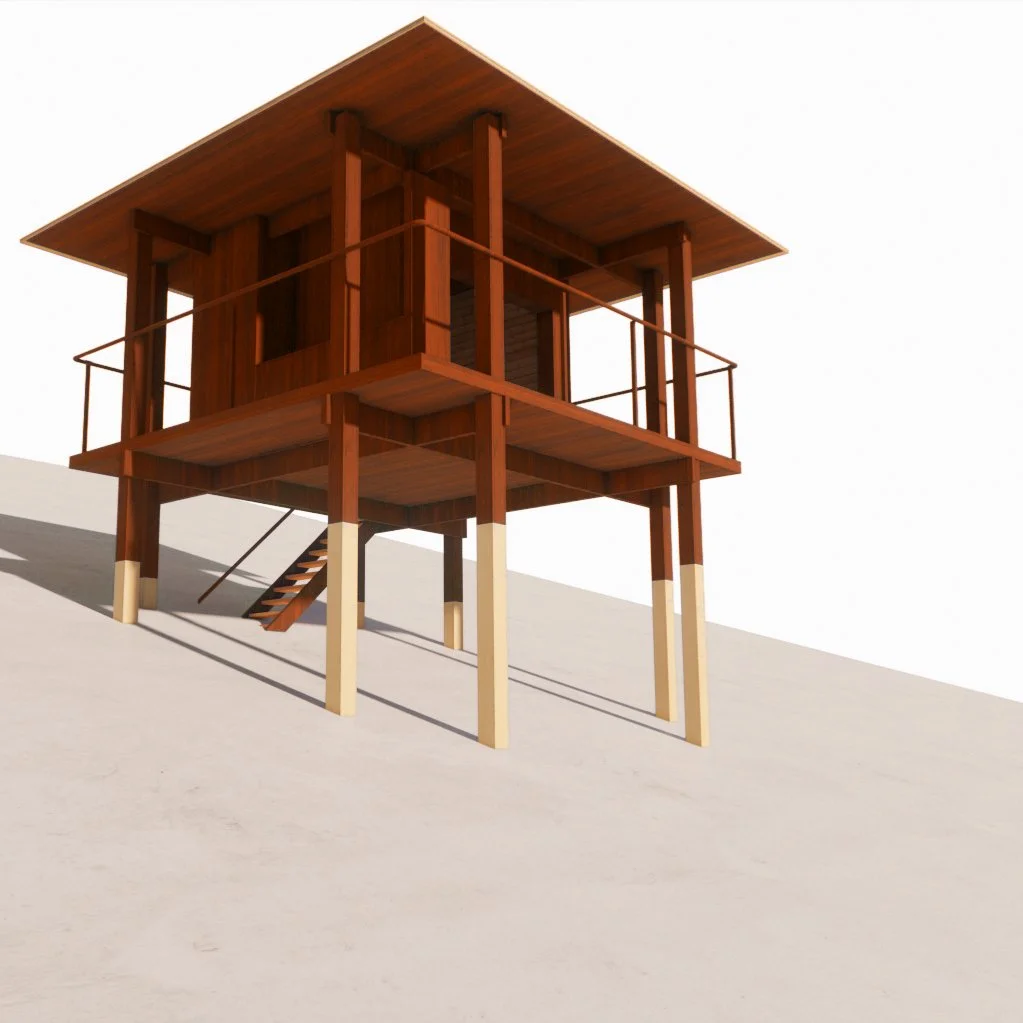 A wooden stilt house with a flat roof and a wraparound balcony, situated on a slight slope.