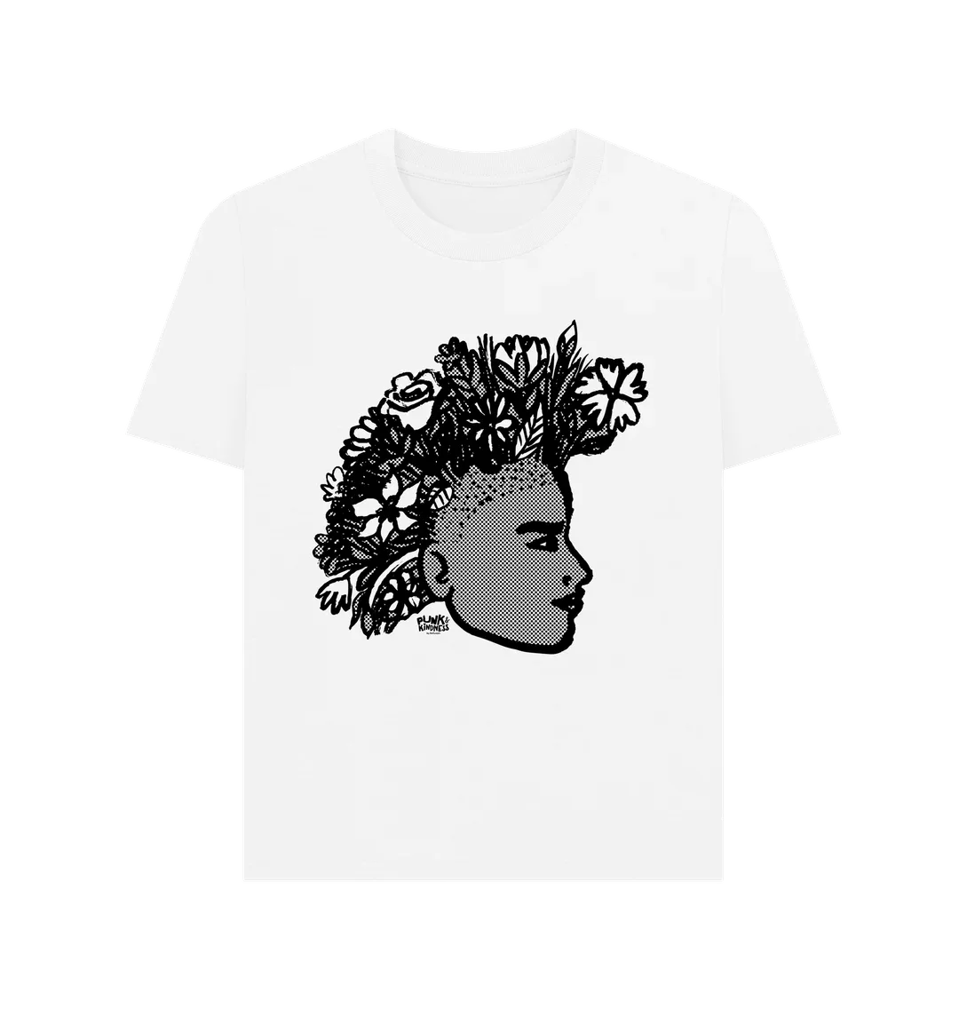 White T-shirt with a black graphic of a woman's profile featuring a hairstyle with flowers and leaves.