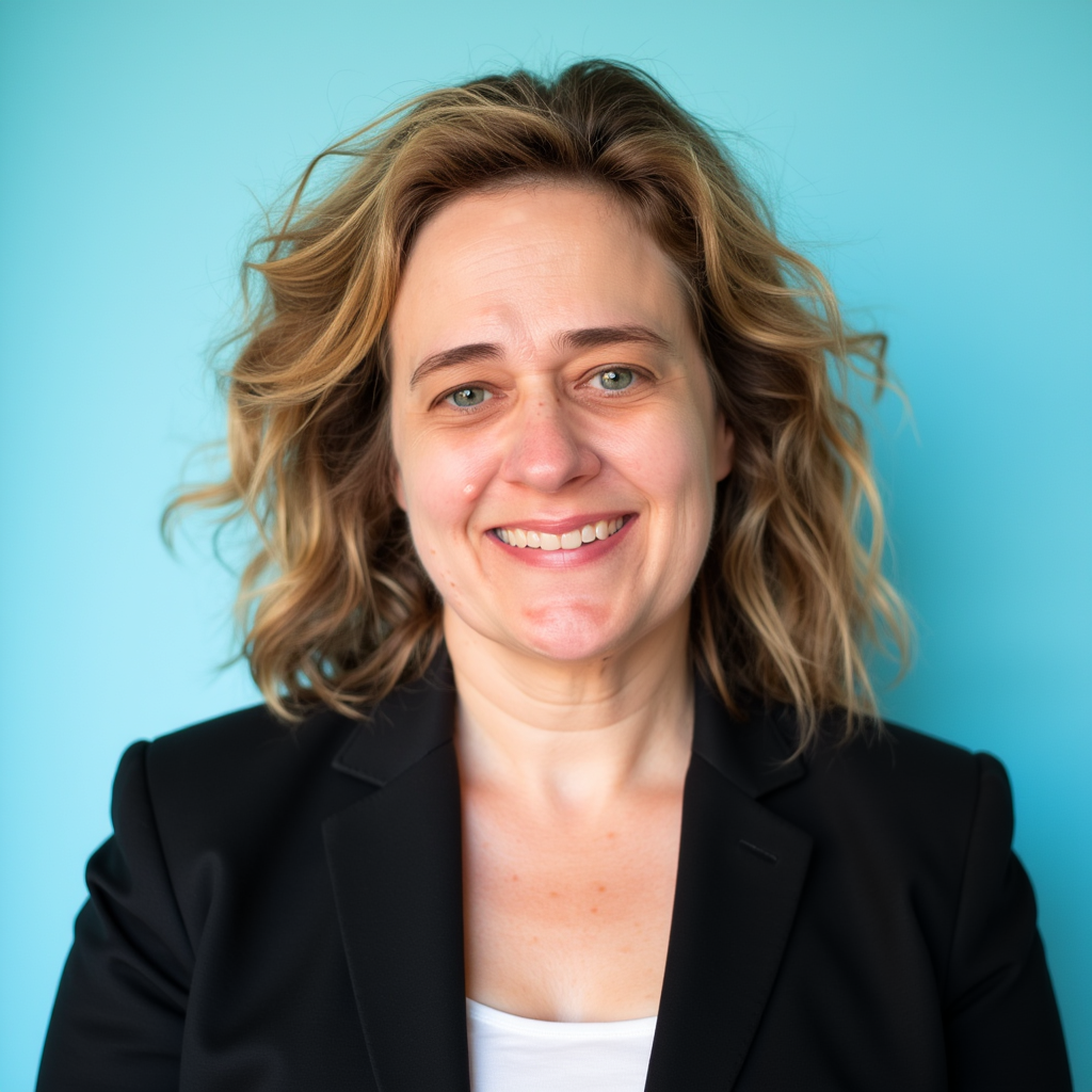 A woman with shoulder-length wavy blonde hair and fair skin, smiling, wearing a black blazer over a white top, against a light blue background.