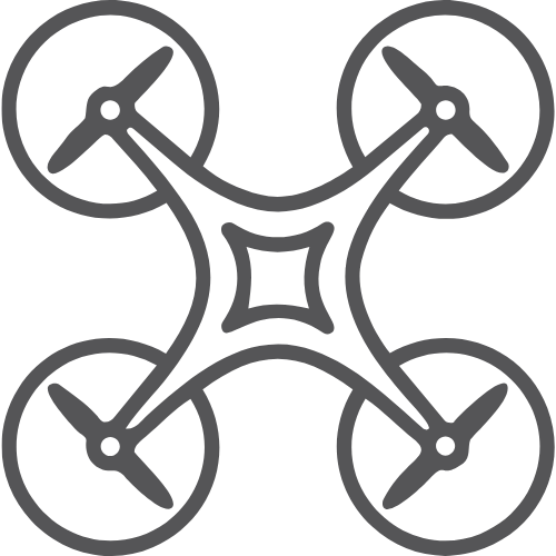 Black and white outline of a quadcopter drone with four rotors and a central body.