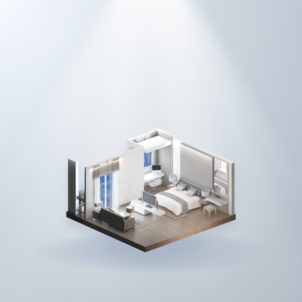 3D rendering of a modern bedroom with a bed, sitting area, desk, and a balcony.