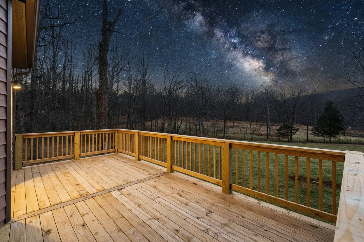 Wooden deck overlooking a rural landscape with leafless trees and a starry night sky, including the Milky Way galaxy.