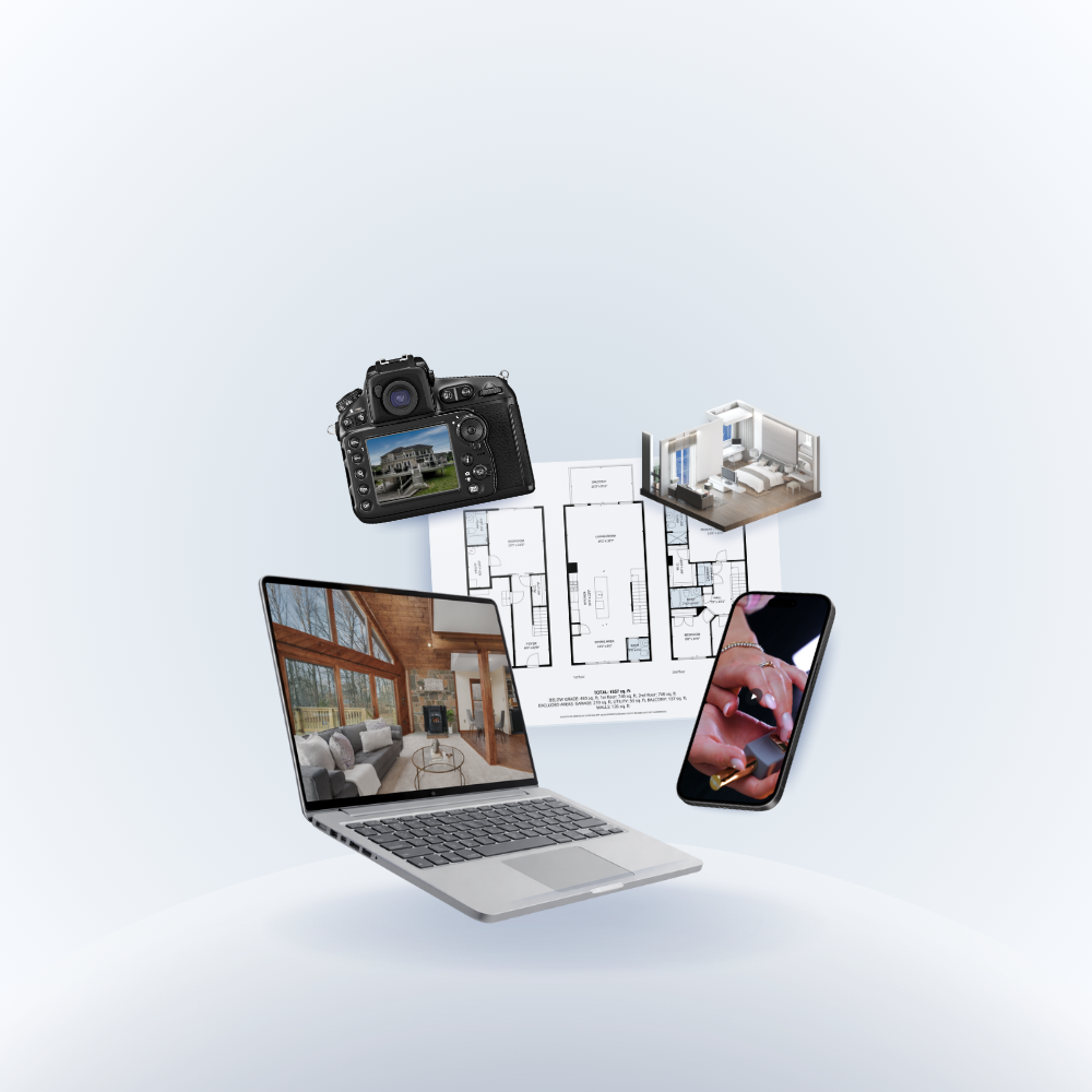 A digital collage of a camera, a 3D model of a house, architectural floor plans, a laptop displaying a modern living room, and a smartphone showing a hand using a stylus.
