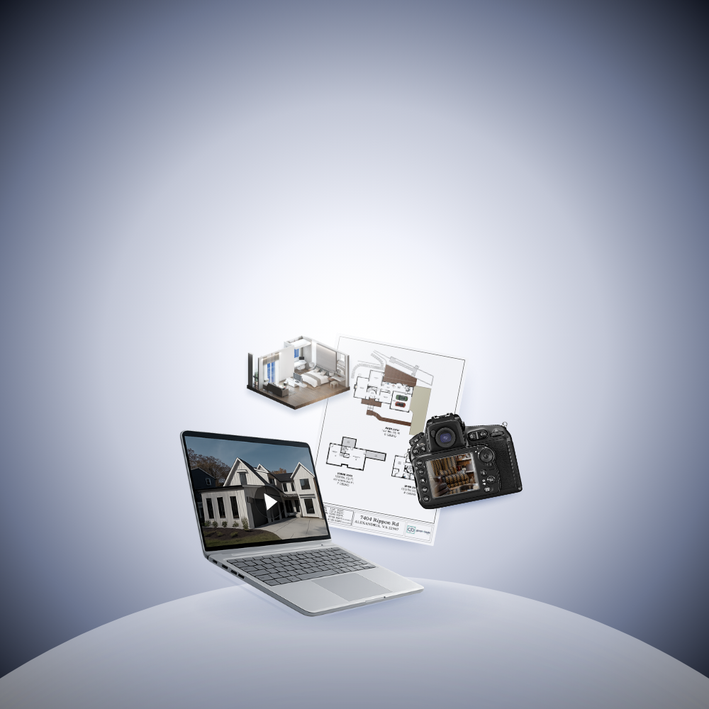 A digital illustration featuring a laptop displaying a house, a camera, architectural floor plans, and a 3D model of a furnished interior room, representing real estate and architectural design.