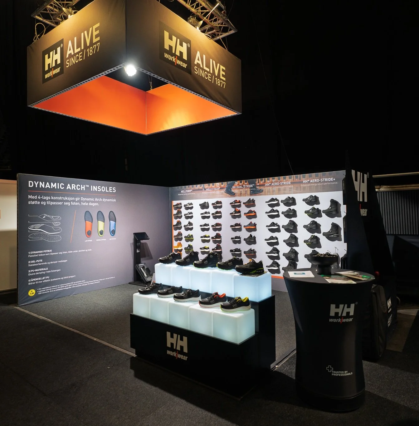 Helly Hansen Workwear messestand med produktvegger og hengende lysrigg