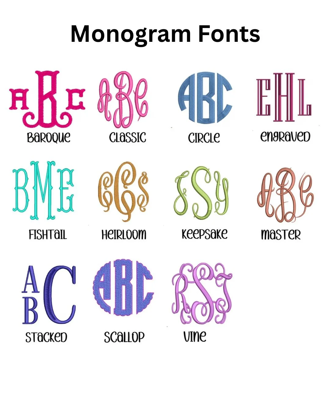 A chart displaying different monogram font styles with examples and labels including Baroque, Classic, Circle, Engraved, BMF, Heirloom, Keepsake, Master, Stacked, Scallop, and Vine.