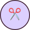 A pair of pink-handled scissors against a purple circular background.