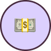Stack of dollar bills with a yellow dollar sign overlay, on a purple background.