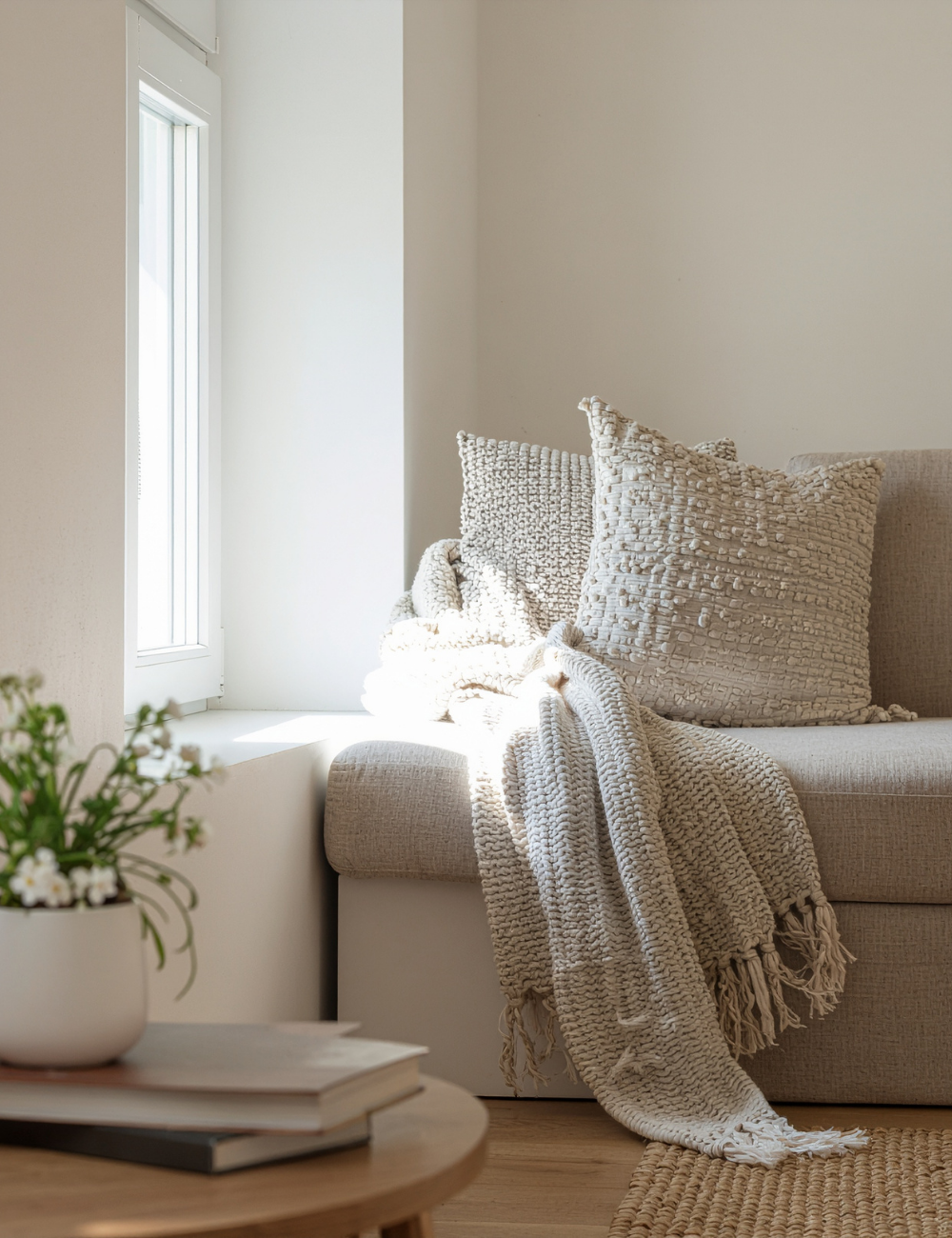 A therapist's couch with pillows and a blanket and sunlight gently streaming into the room