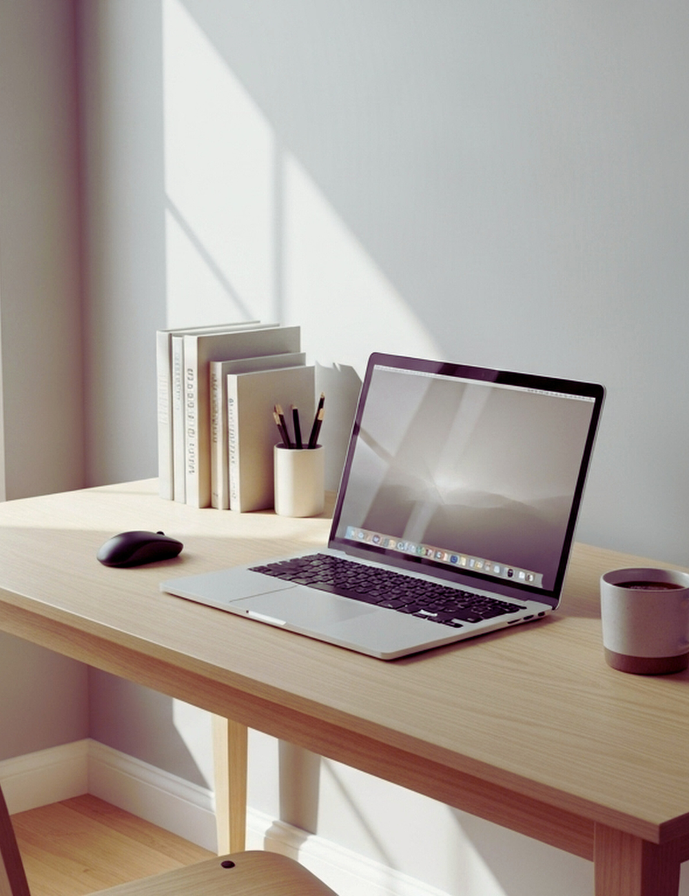 A desk with a laptop and cup of coffee with light streaming in from a window.