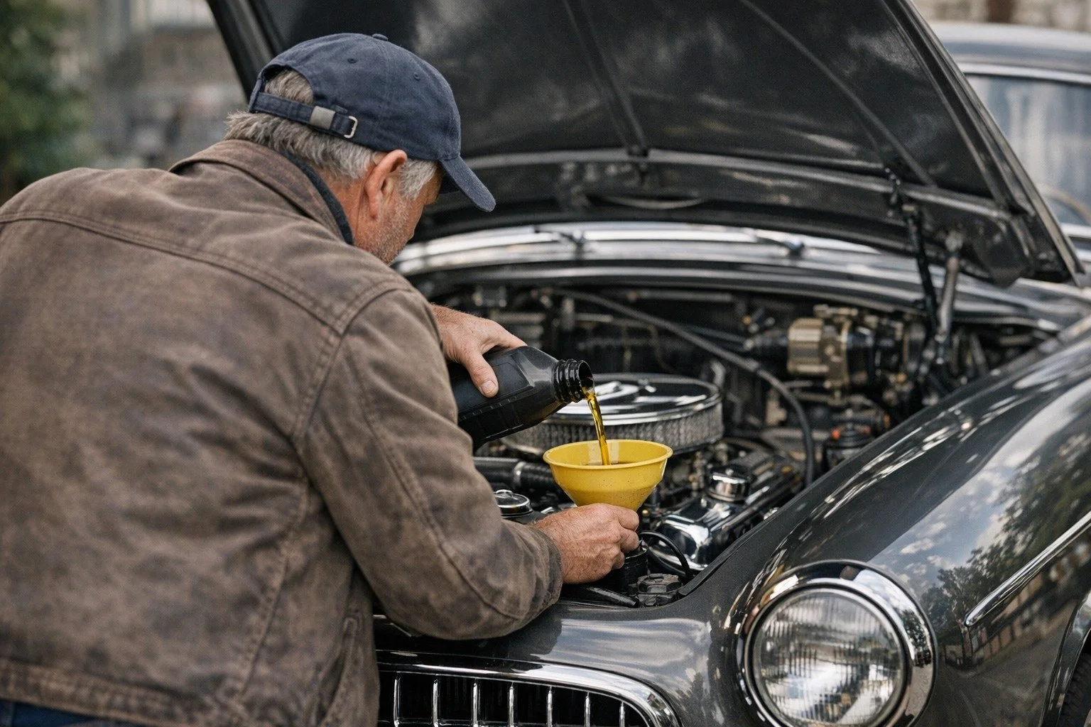 Nachfüllen von Motoröl bei einem historischen Fahrzeug mit geöffneter Motorhaube.