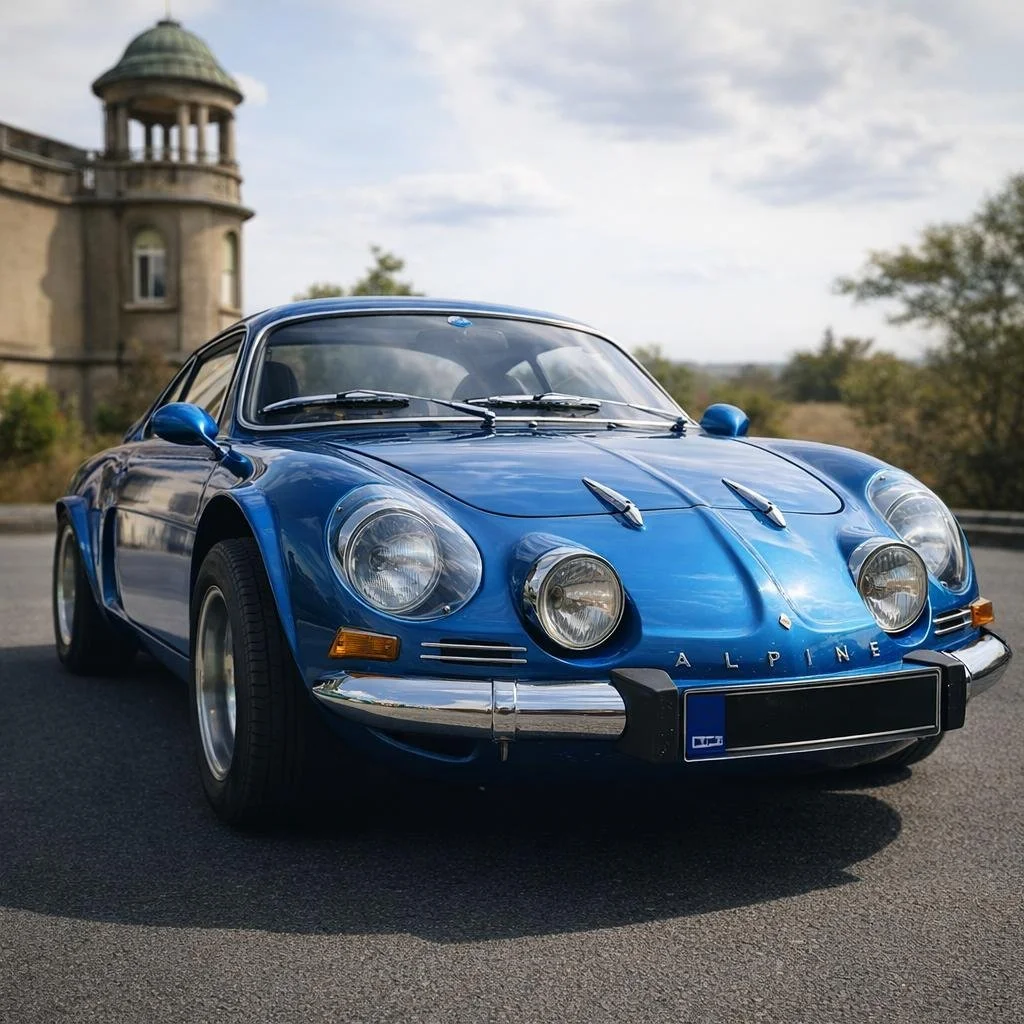 Frontalansicht einer glänzenden blauen Alpine A110 Berlinette.Rechtliche Beratung zu Kauf, Restaurierung für klassische Sportwagen in Bayern.