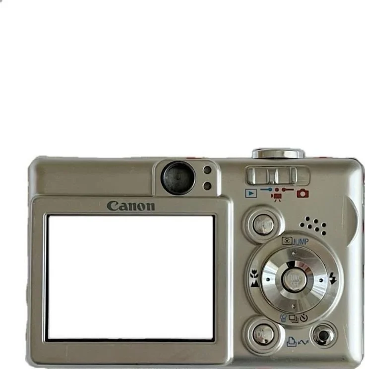 A silver Canon digital camera showing the back with a large LCD screen, several buttons, and a viewfinder on the top right.