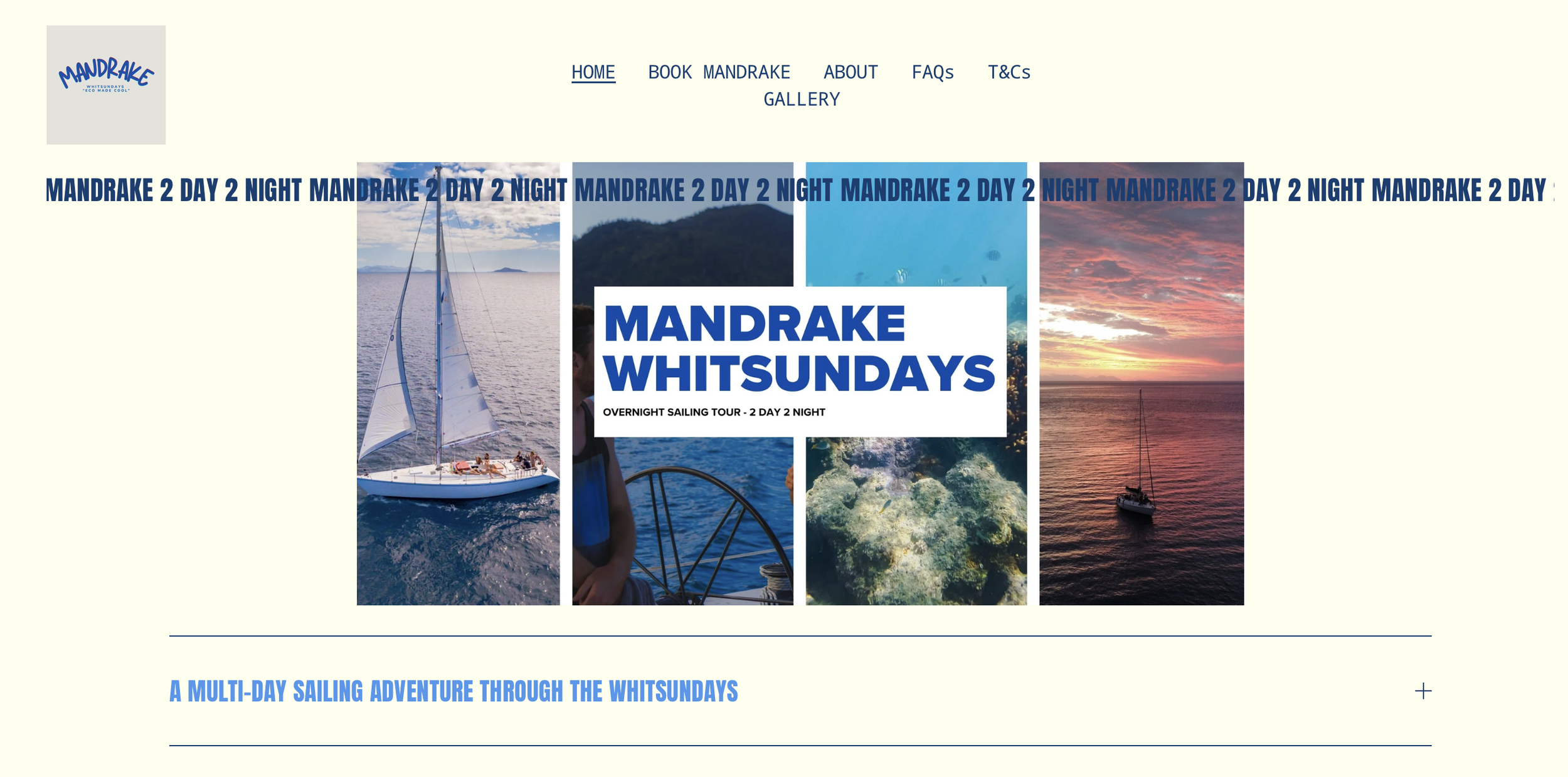 Website homepage promoting Mandrake Whitsundays overnight sailing tour, featuring a banner with images of boats, ocean, and sunsets, with navigation links and promotional text.