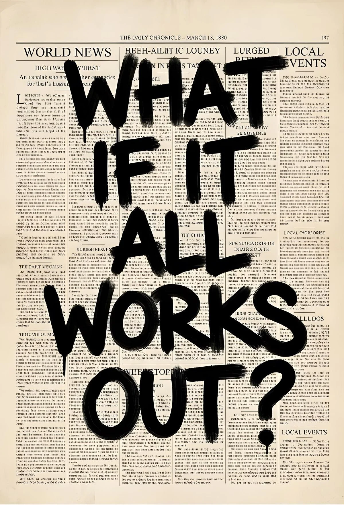 A newspaper page from The Daily Chronicle dated March 15, 1880, with the phrase "WHAT IF ALL WORKS OUT?" written in large, bold black letters over the text.