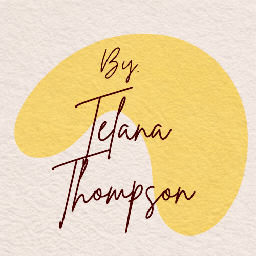 A light beige textured background with a yellow abstract shape and handwritten text reading 'By. Tylana Thompson' in dark brown and red colors.