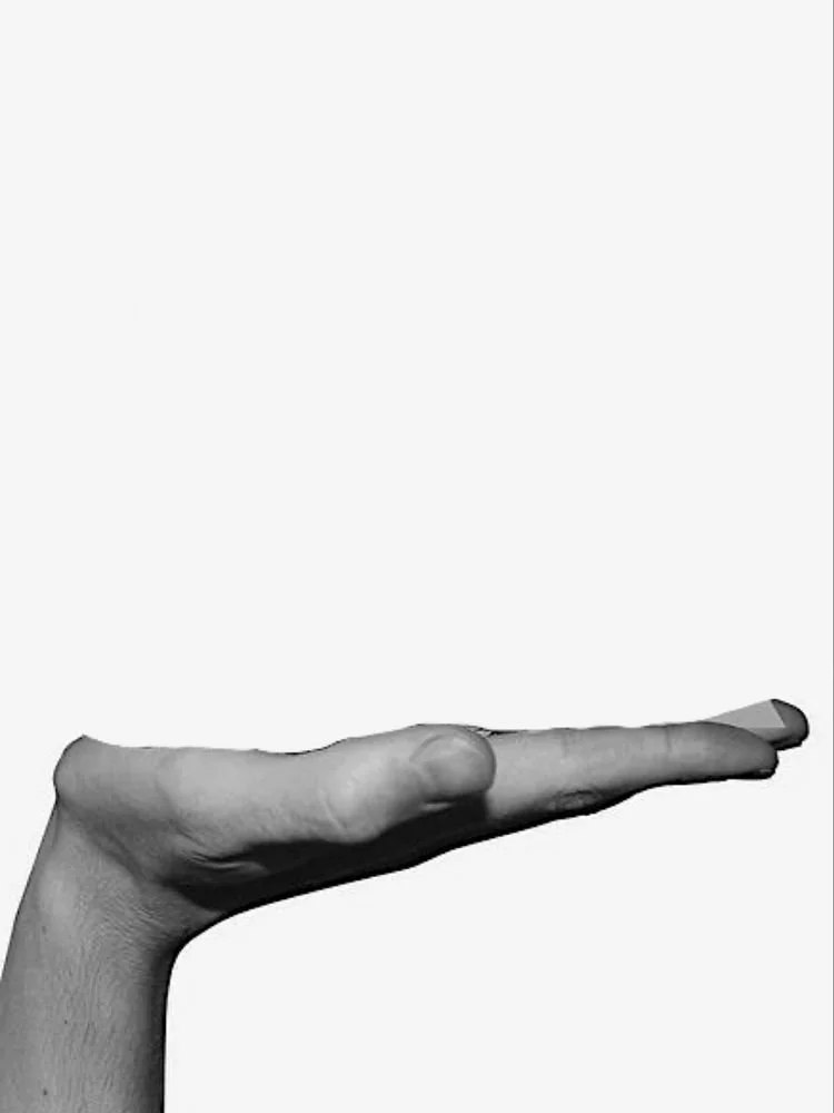 A grayscale photo of a human hand with the palm facing upward and fingers extended, positioned horizontally across the lower part of the image against a plain light gray background.