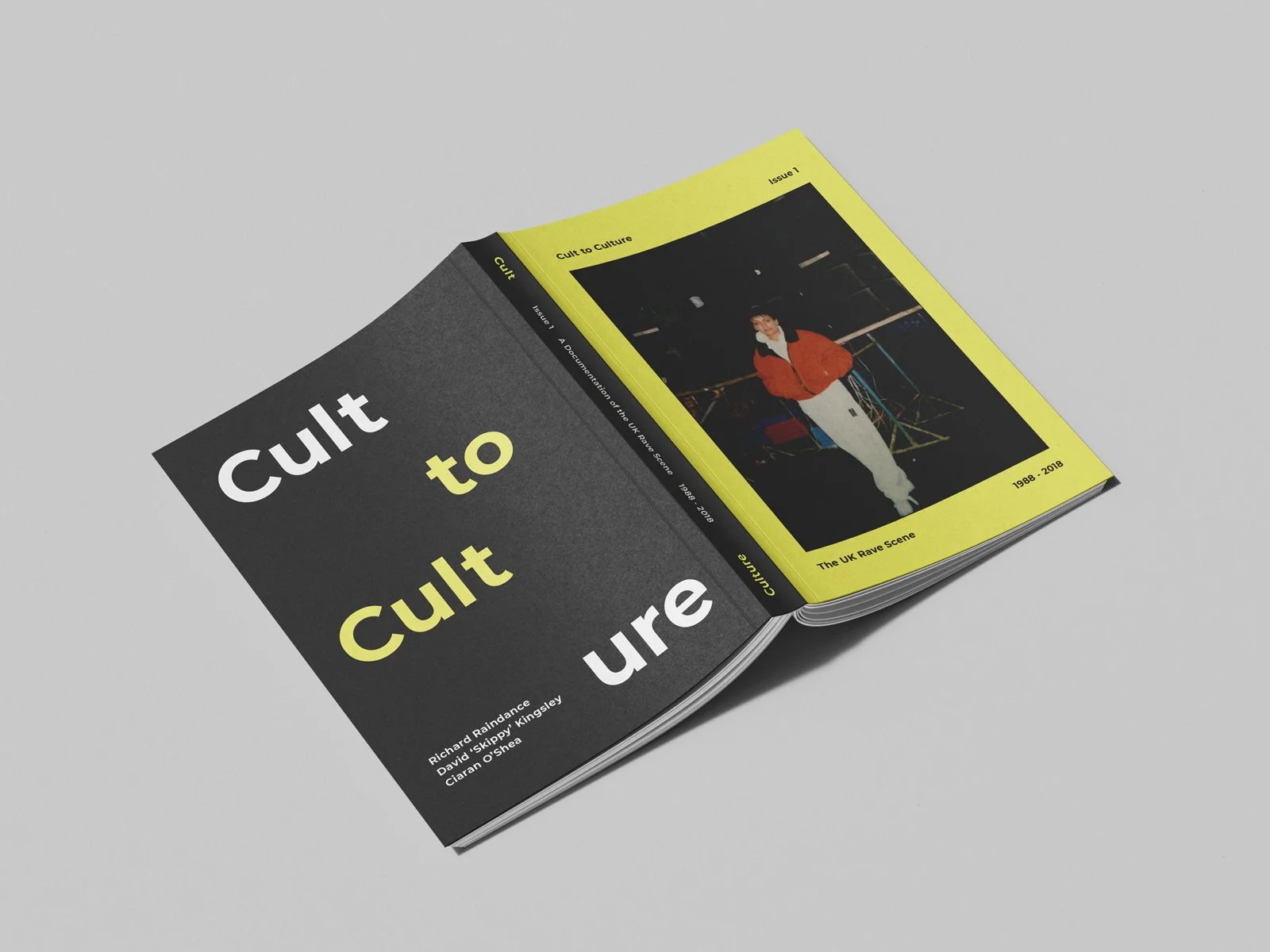 Open spread from Cult to Culture Issue 1 featuring archival photography and editorial design