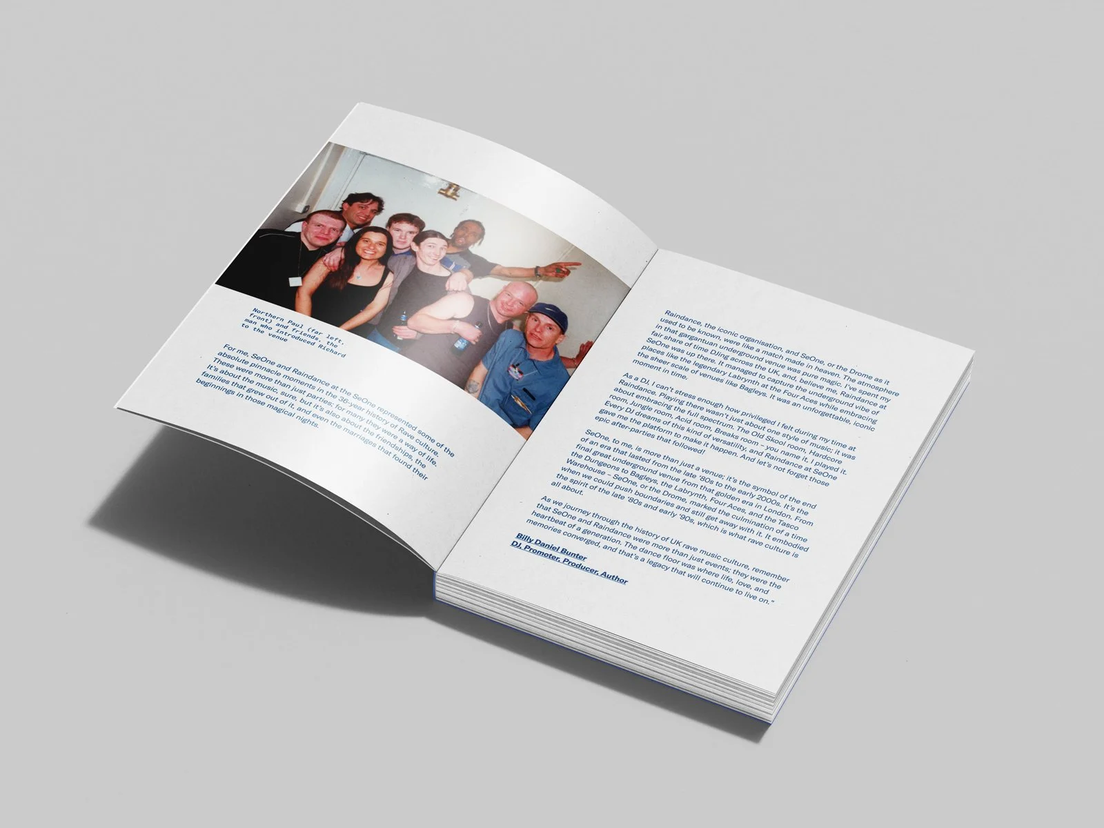 Open Cult to Culture publication spread featuring archival photography and editorial text on UK rave culture