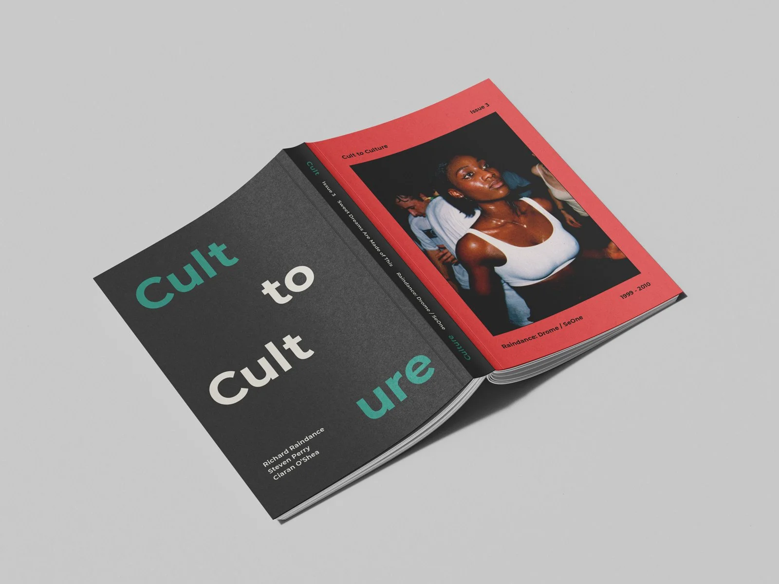 Open spread from Cult to Culture Issue 3 featuring archival rave photography and editorial design