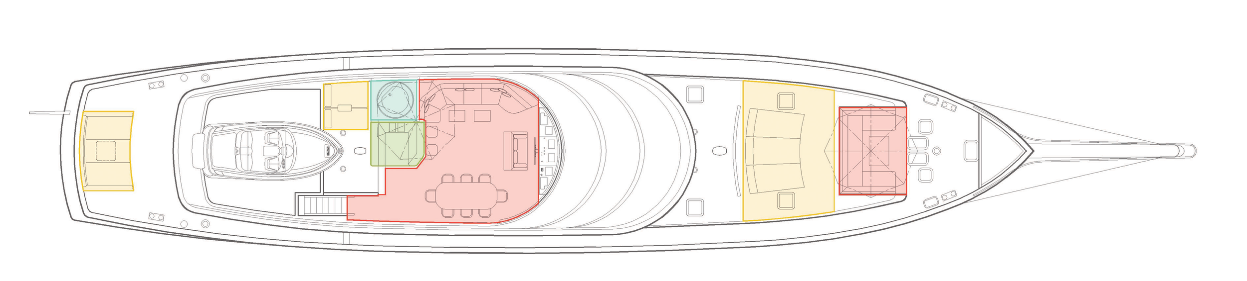 Top-down schematic of a yacht layout with various rooms outlined in different colors.