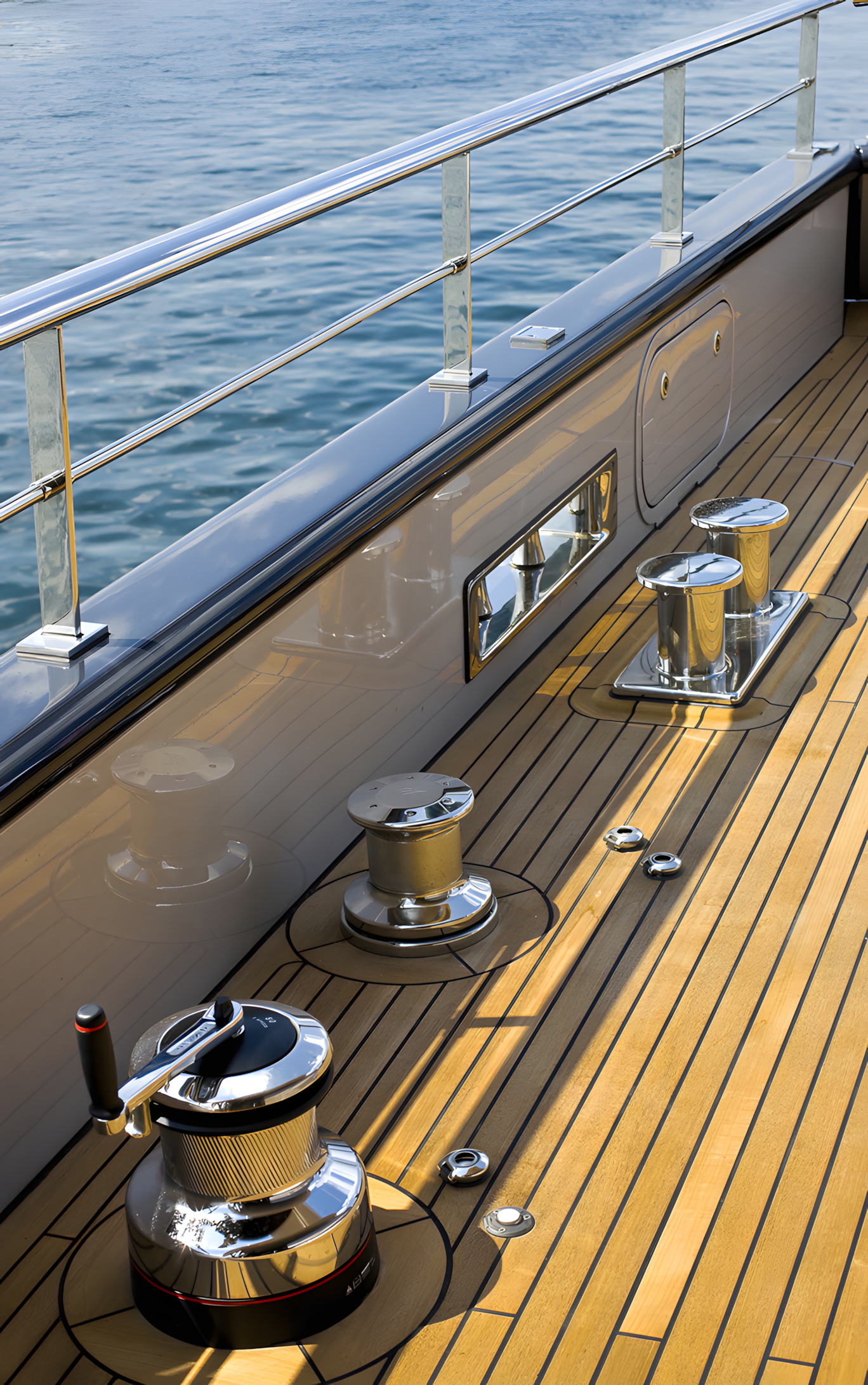 Close-up of a yacht deck with polished metal winches, cleats, and a railing, overlooking open water.