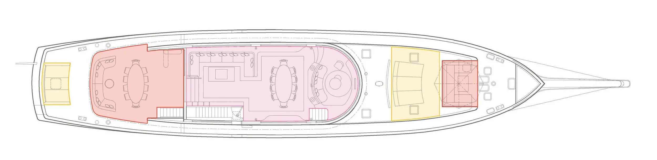 Top-down blueprint of a yacht interior showing various rooms and furnishings, with color-coded sections in red, pink, and yellow.