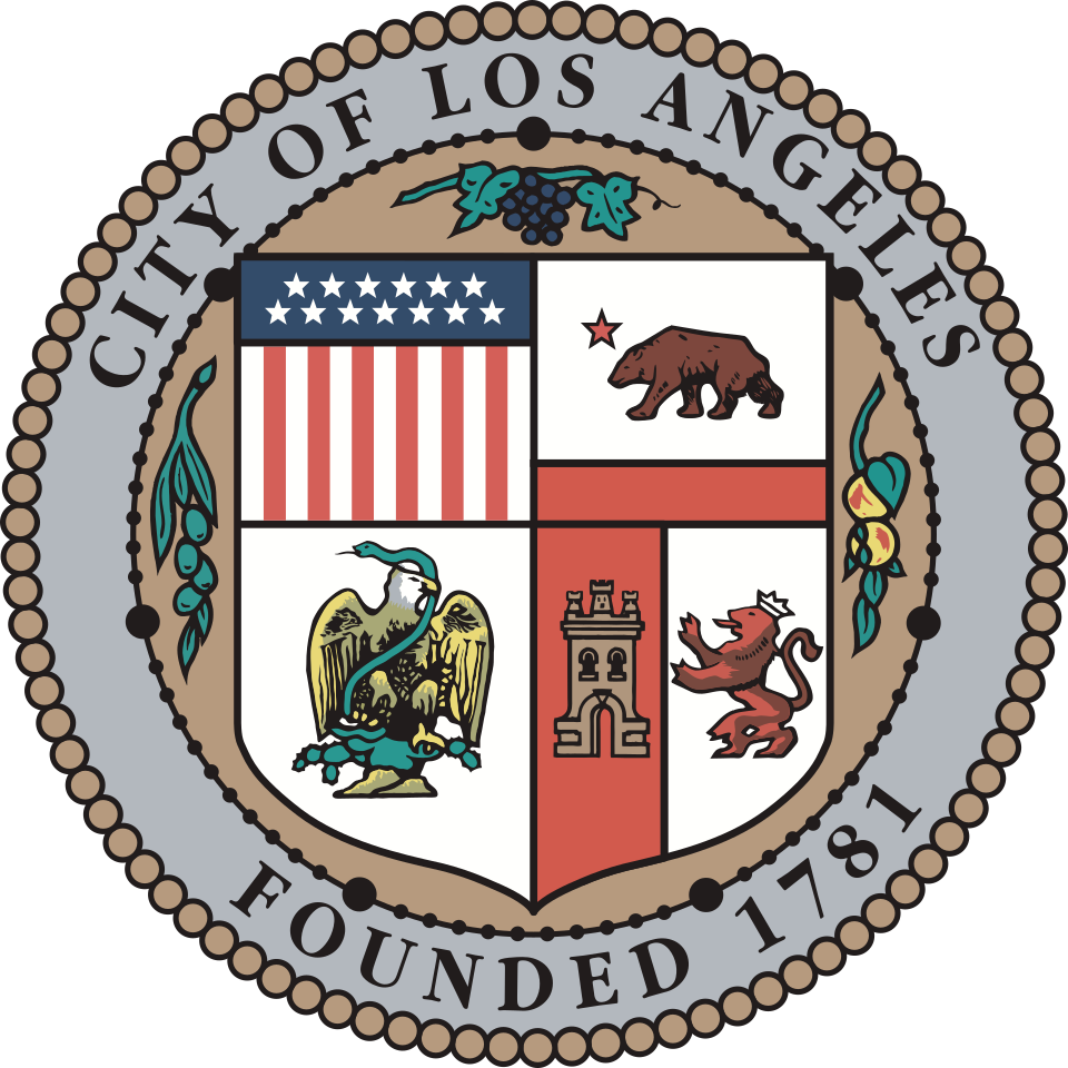 Seal of the City of Los Angeles with symbols including stars, stripes, a bear, a bird, a tower, and a lion, surrounded by olive and grapevine motifs.