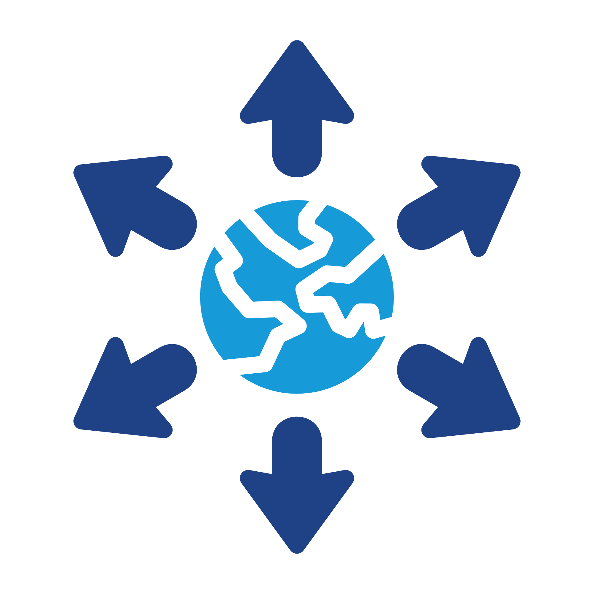 Icon of a globe at the center with six arrows pointing outward in different directions, representing global outreach or environmental awareness.