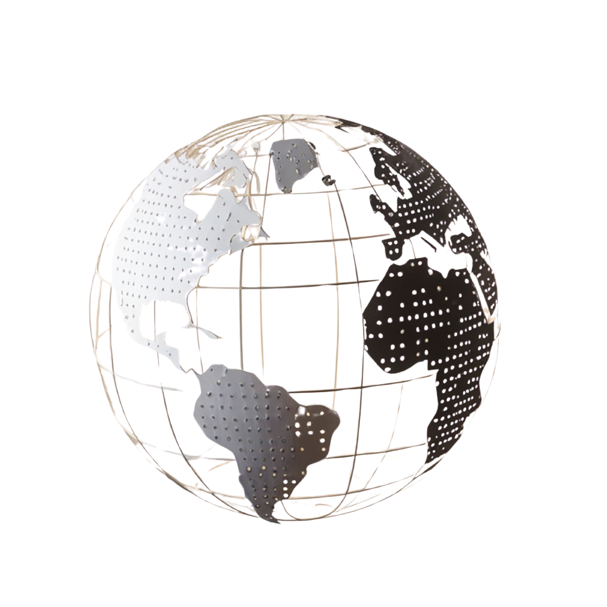 Metal globe sculpture with cutout continents, painted in black, white, and gray, representing Earth.