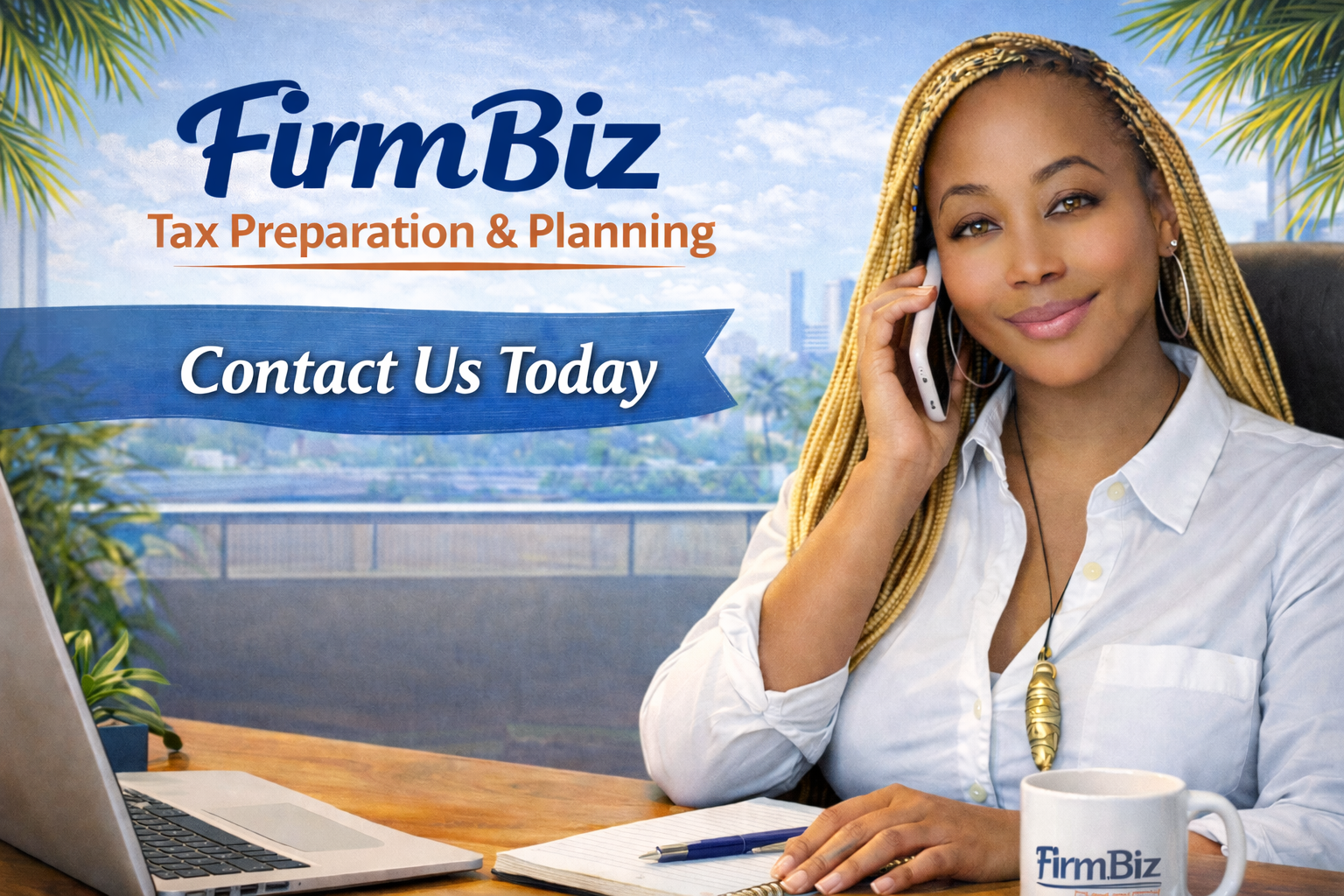 A woman with blonde braids wearing a white shirt, sitting at a desk with a laptop, notebook, pen, and coffee mug, holding a phone to her ear in a bright office with a city view.