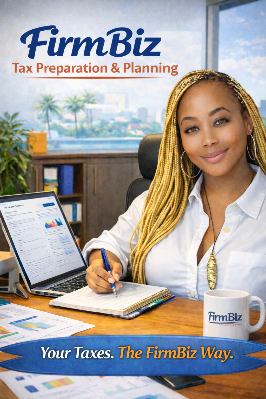A woman sitting at a desk with a laptop, notebook, pens, and a coffee mug with the FirmBiz logo. She is smiling and looking at the camera, with a cityscape and palm trees through a window behind her. The image promotes FirmBiz's tax preparation and planning services.
