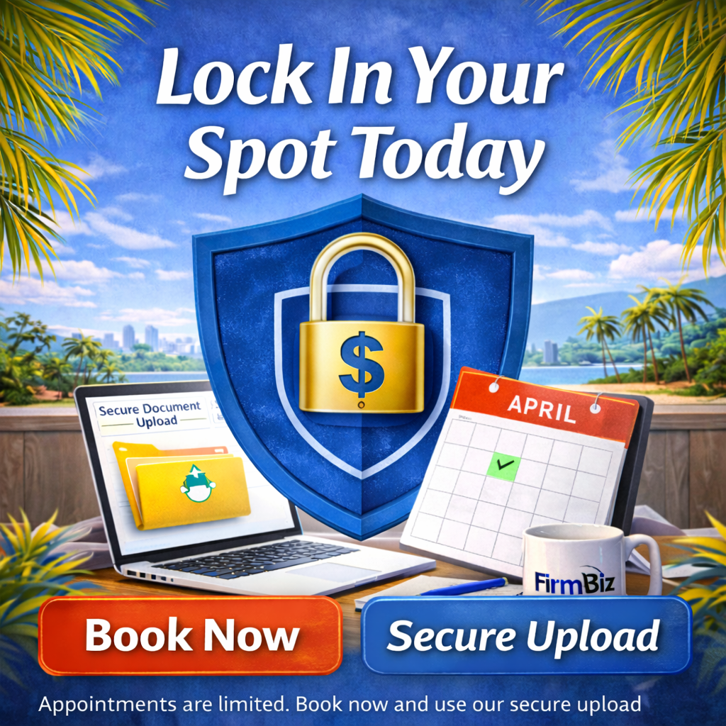 An advertisement urging viewers to secure their documents with a shield, lock icon, and calendar on a desk with a laptop and a mug, with buttons labeled 'Book Now' and 'Secure Upload'.