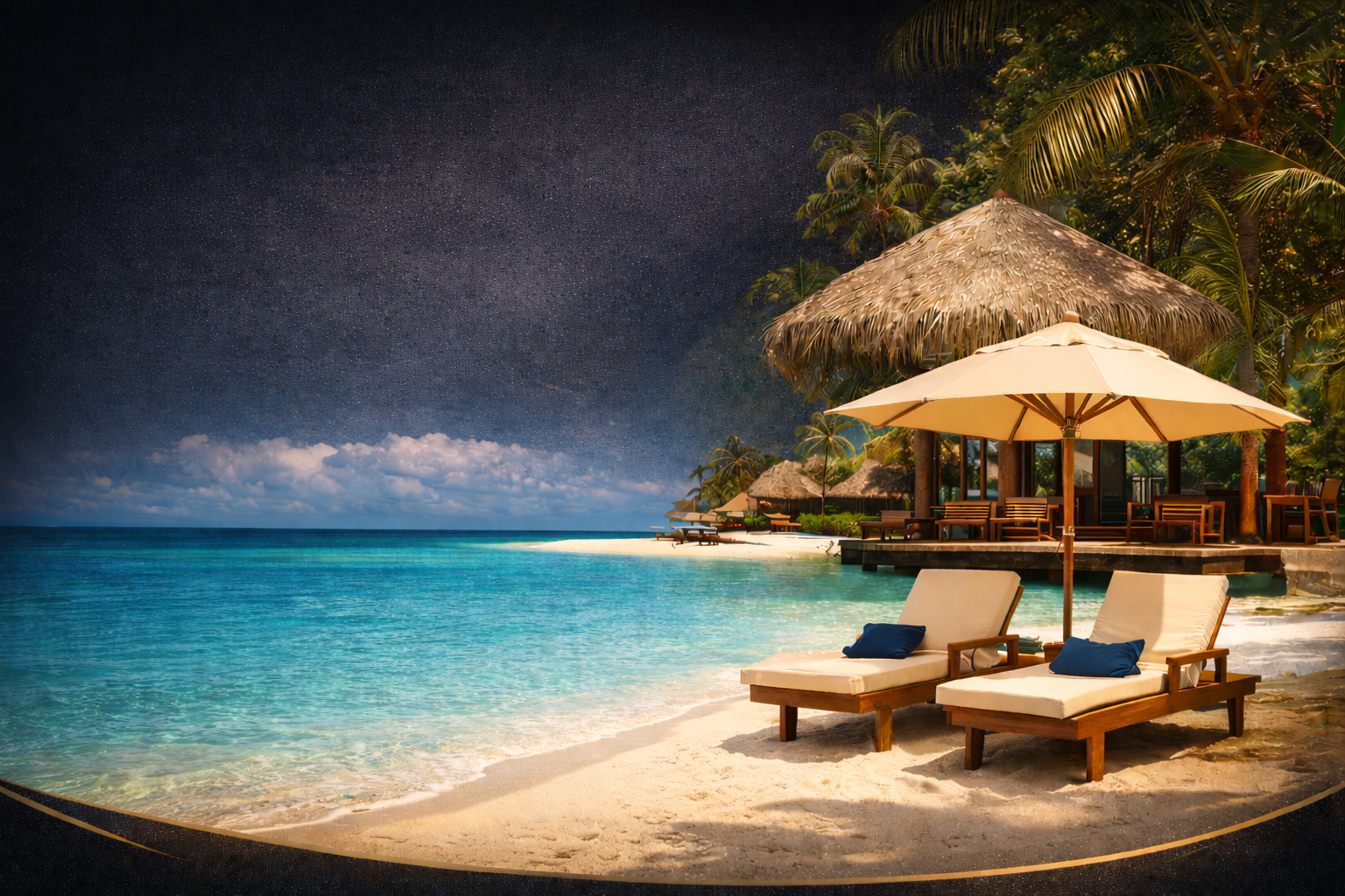 A tropical beach scene at night with two lounge chairs with cushions and a parasol on the sandy shore, thatched-roof huts, and palm trees along the shoreline, with a starry sky and calm turquoise ocean.