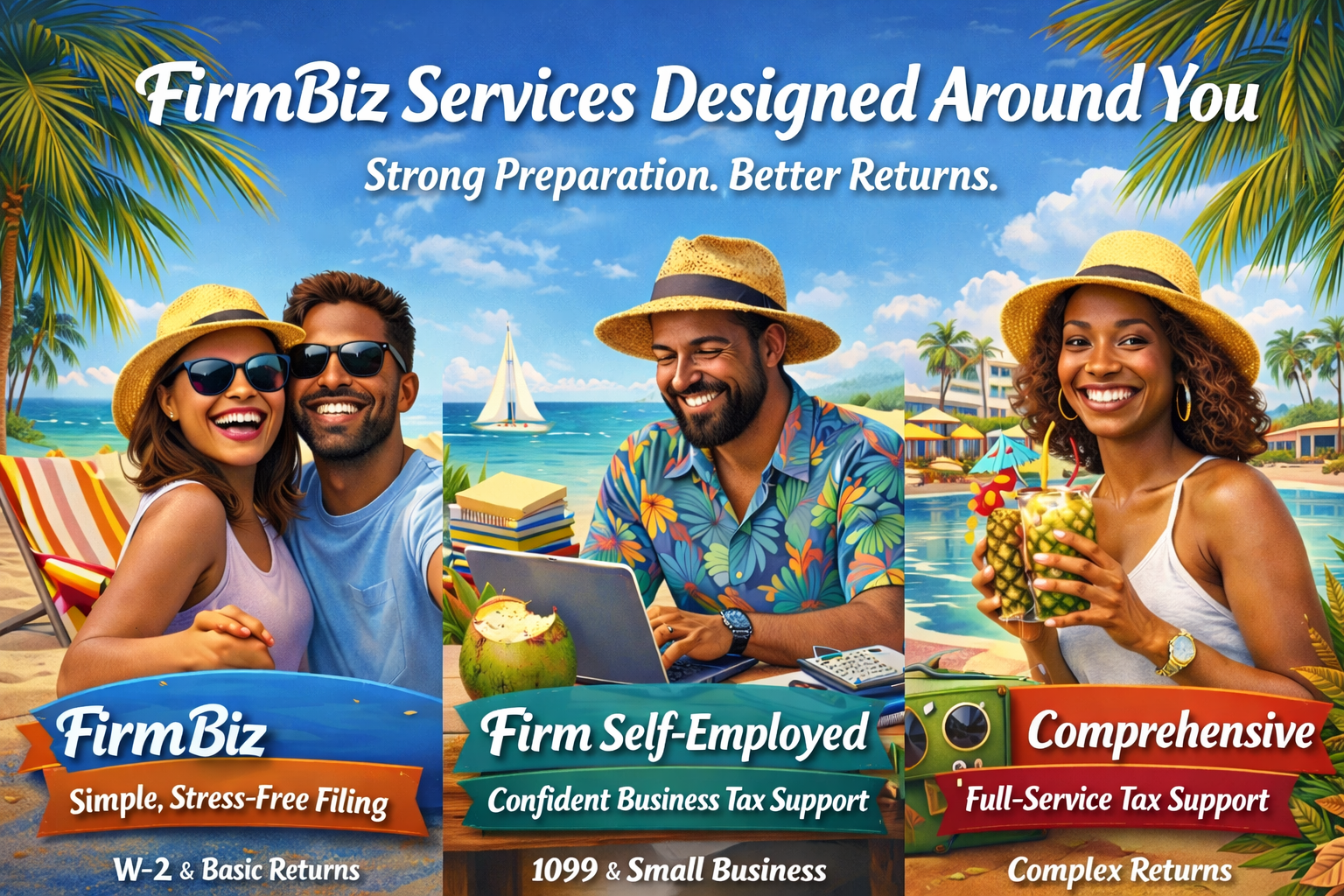 A colorful promotional image for FirmBiz services featuring three people at a beach setting under a blue sky with palm trees. The left side shows a smiling couple wearing sunglasses and sun hats, the middle depicts a man in a floral shirt working on a laptop with a coconut drink nearby, and the right shows a woman with curly hair holding a pineapple drink. Text highlights services: 'Simple, Stress-Free Filing,' 'Confident Business Tax Support,' and 'Full-Service Tax Support' in vibrant banners. Additional details about W-2, Basic Returns, 1099, Small Business, and Complex Returns are included.