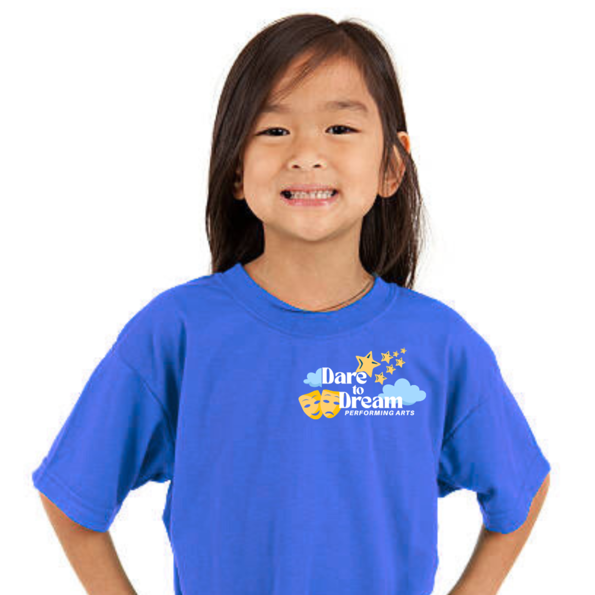 Young girl smiling in blue dare to dream performing arts tshirt
