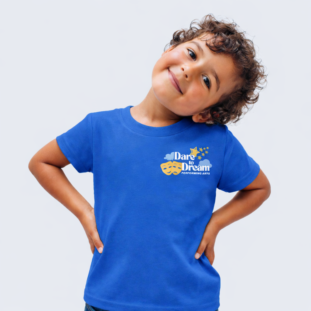 young child in blue dare to dream performing arts tshirt