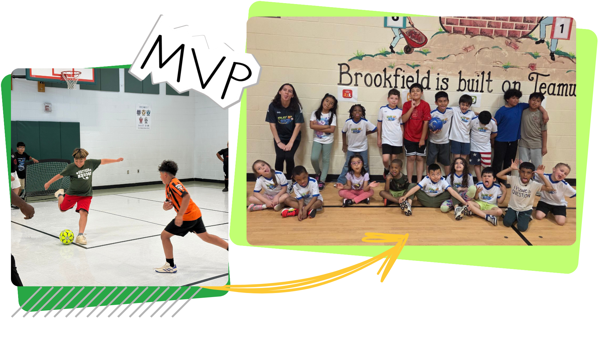 A group of children and an adult pose for a photo in a gymnasium, with some children seated on the floor and others standing. They are wearing white T-shirts with a logo. To the left, children are playing indoor soccer. A sign above them reads 'Brookfield is built on Teamwork' with images of children playing sports.