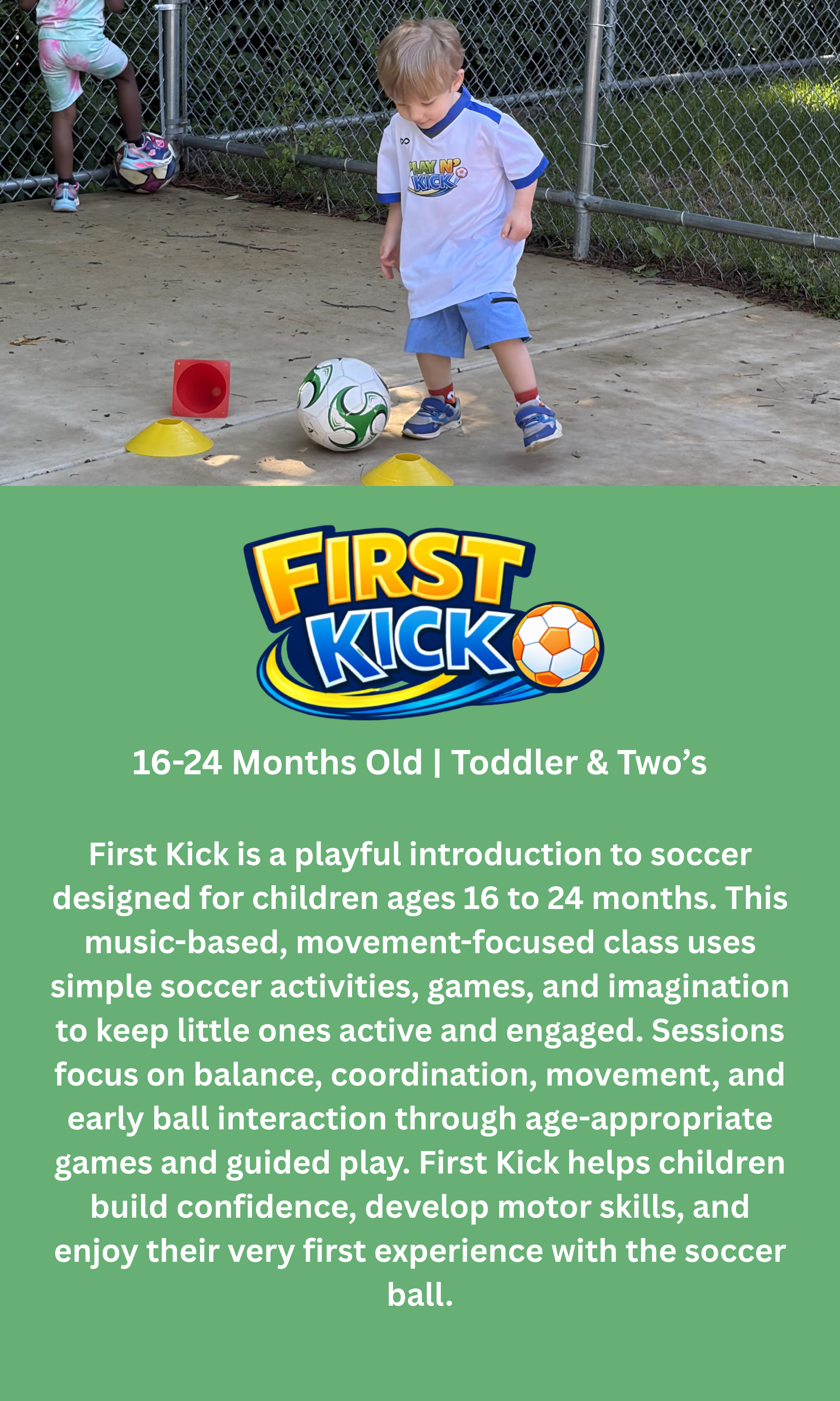 A young boy with blonde hair, wearing a white soccer jersey with blue trim, blue shorts, and sneakers, is standing on a concrete surface, looking down at a soccer ball. There are yellow and red cones nearby, possibly for soccer drills. In the background, a girl with dark skin, wearing a colorful outfit and sneakers, is near a chain-link fence.
