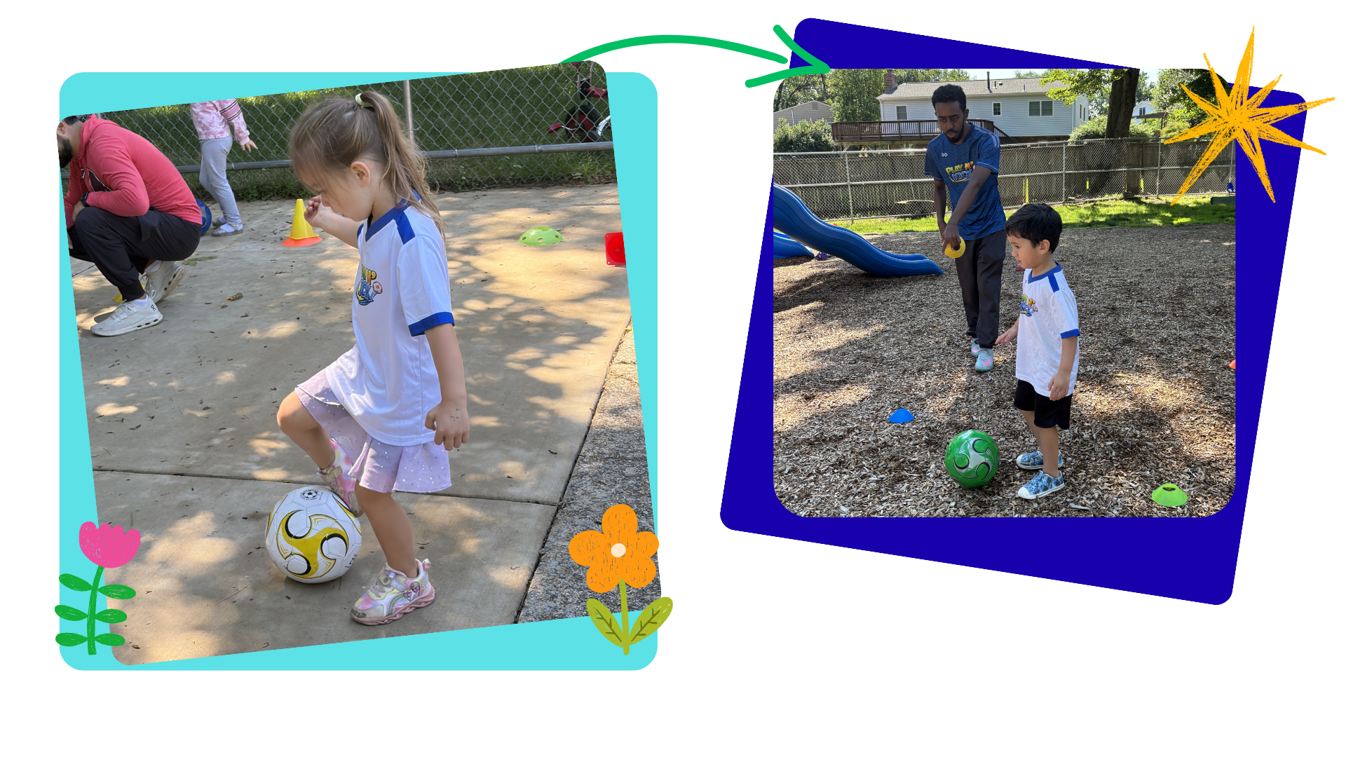 A young girl with a ponytail and a man with a beard are playing soccer in a park. The girl is wearing a white sports shirt and a pink skirt, balancing a soccer ball with her foot. The man is dressed in a blue shirt and black pants, holding a yellow ring. The background includes playground equipment and a fence, with colorful flower and star decorations and a blue border.